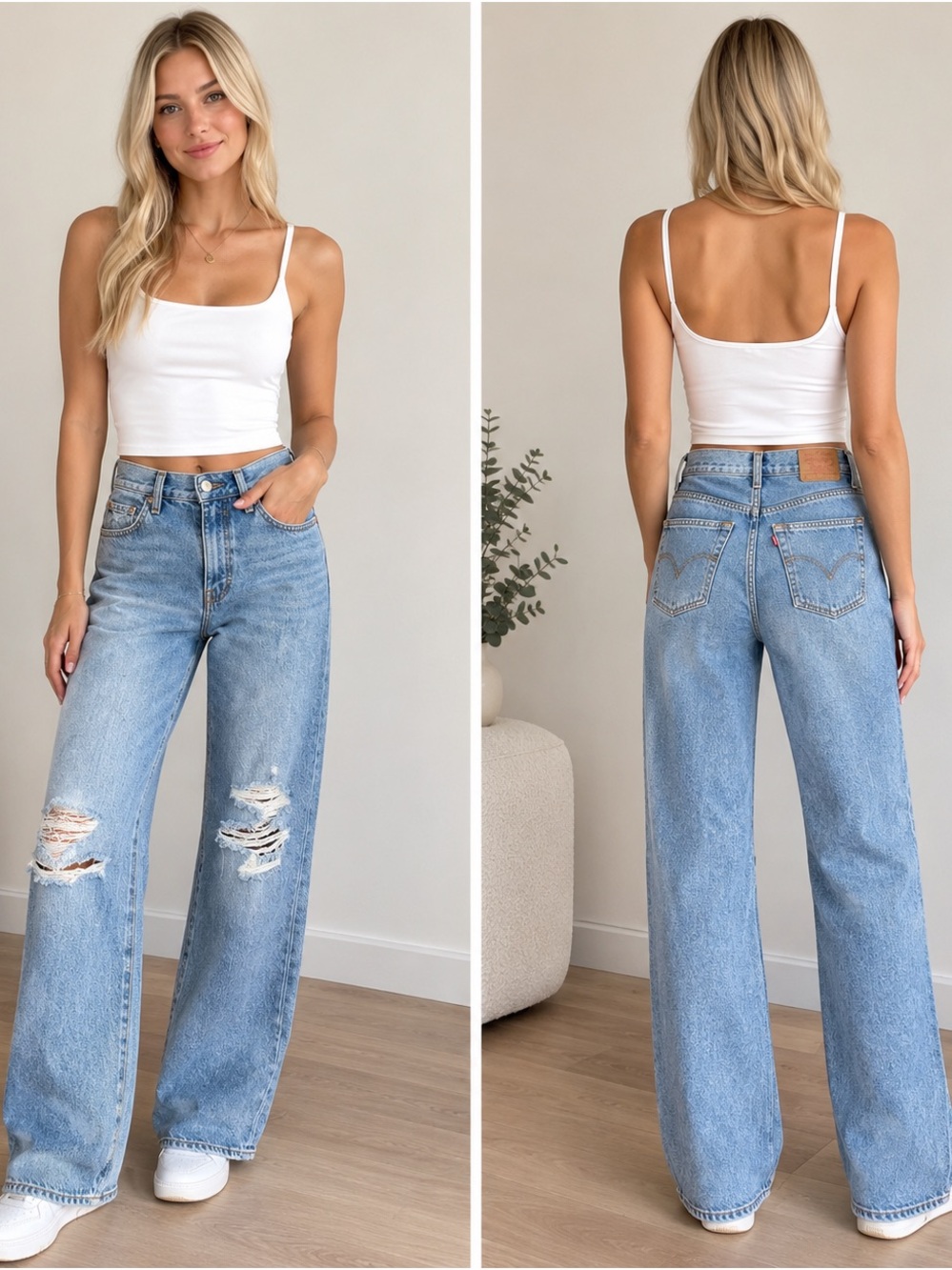 High-Rise Light Blue Wide Leg Jeans with Distressed Knees